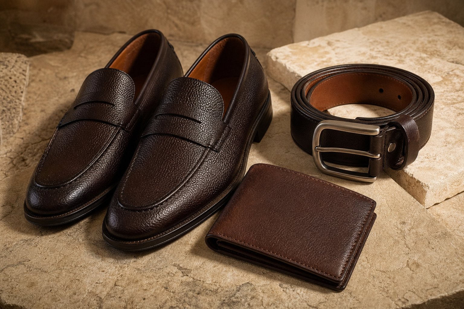 Leather loafers, a wallet, and a belt