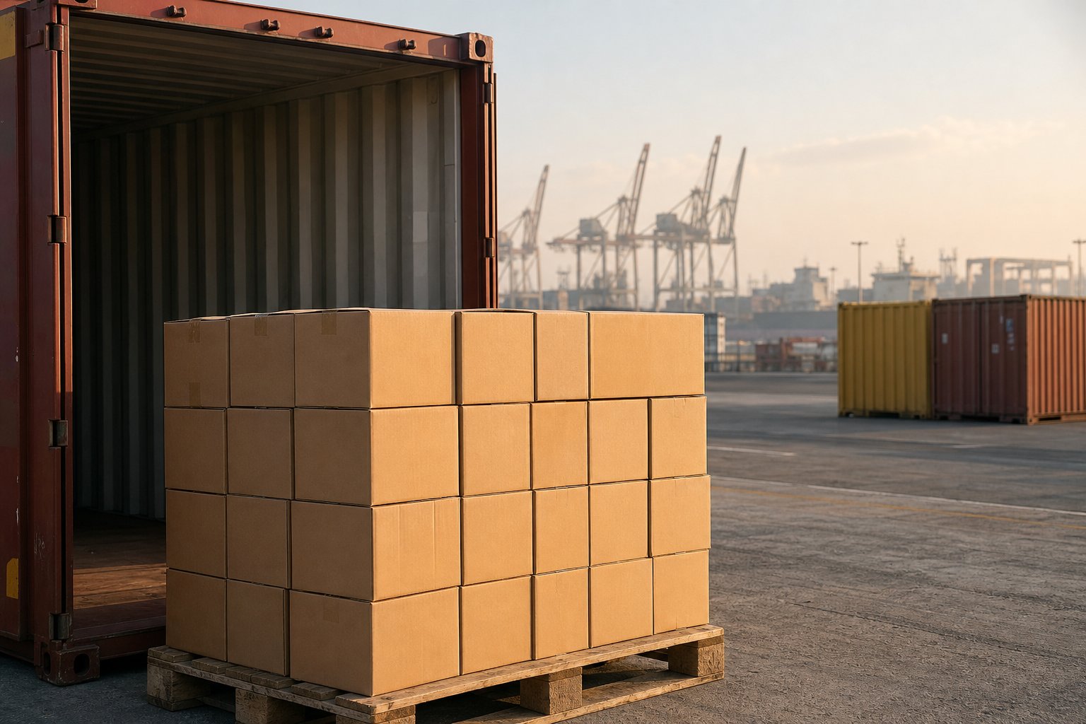 Export cartons on a pallet beside an open container