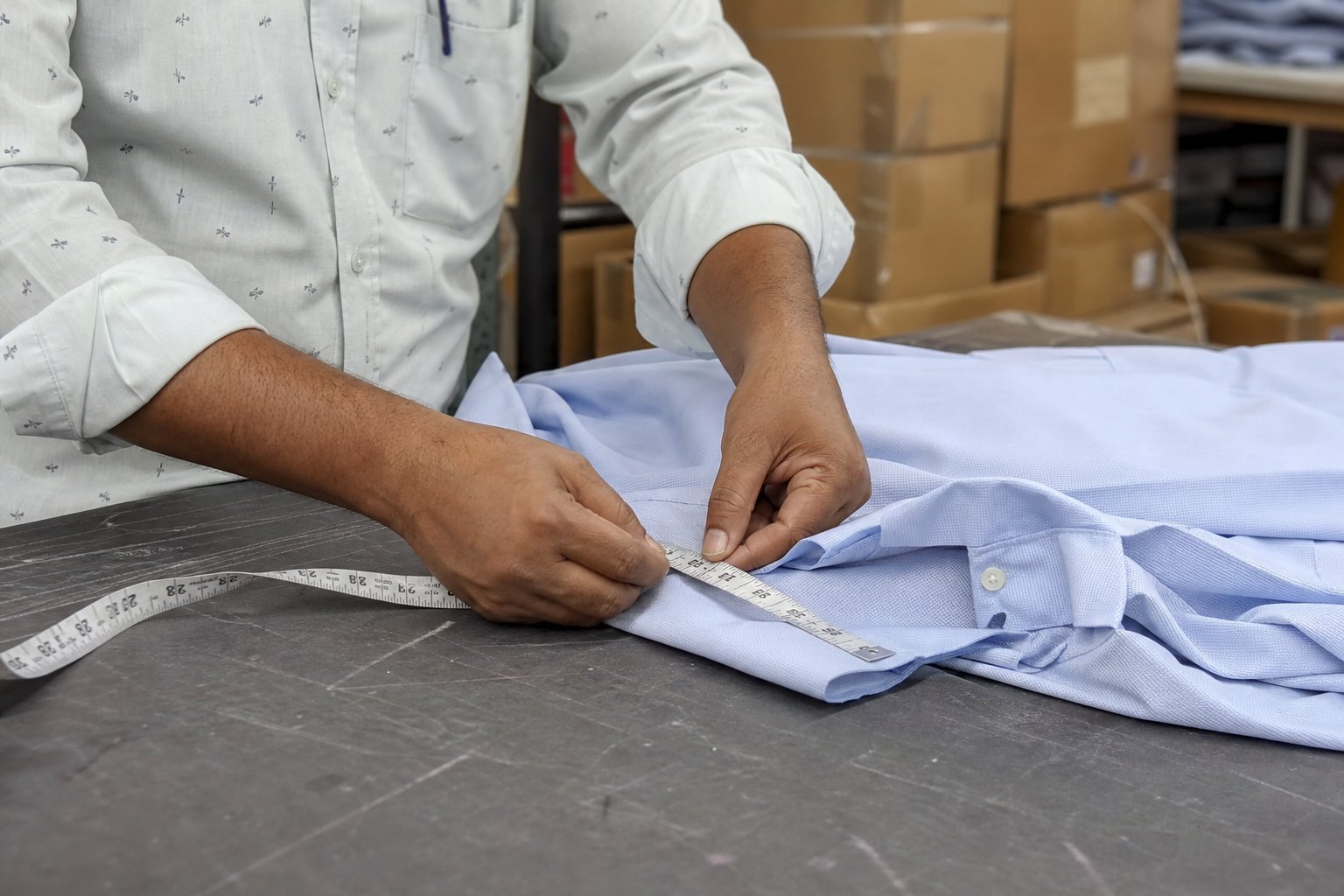 An inspector measuring a shirt seam before packing